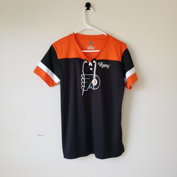 Philadelphia Flyers V-Neck Skate Lace T-Shirt Tee Womens Med + 2XL Black NHL NWT - Picture 1 of 15